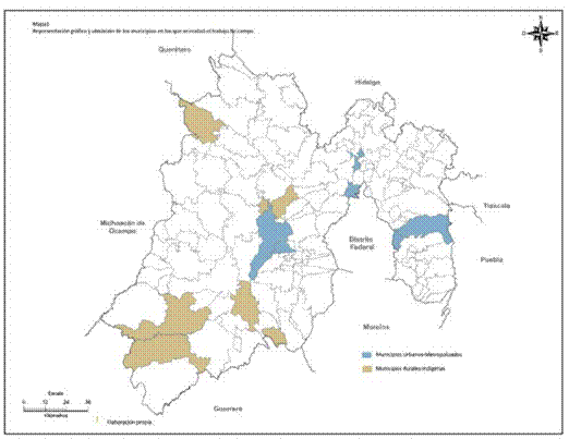 Distribución de los municipios abordados en la investigación. Fuente: Elaboración propia con información de inegi, 2011.